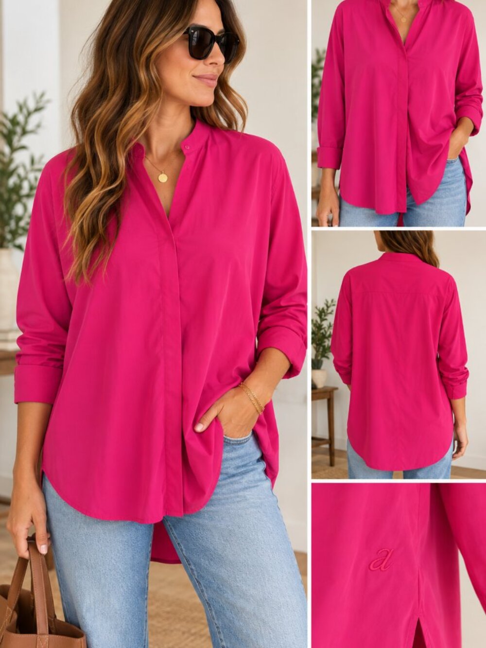 Aday Something Borrowed Shirt Hot Pink Fuchsia Oversized Button Down Size M